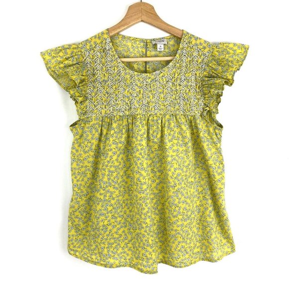 J Crew Top Size S Yellow Floral Shirred Peasant Blouse  Flutter Sleeve AV617 - Picture 1 of 7